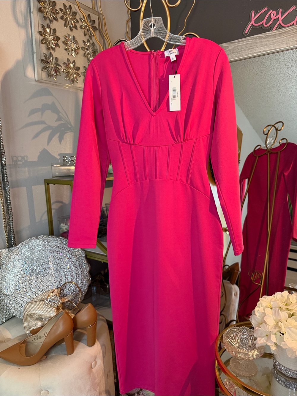Jibri Hot Pink Long Sleeve V-Neck Midi Dress